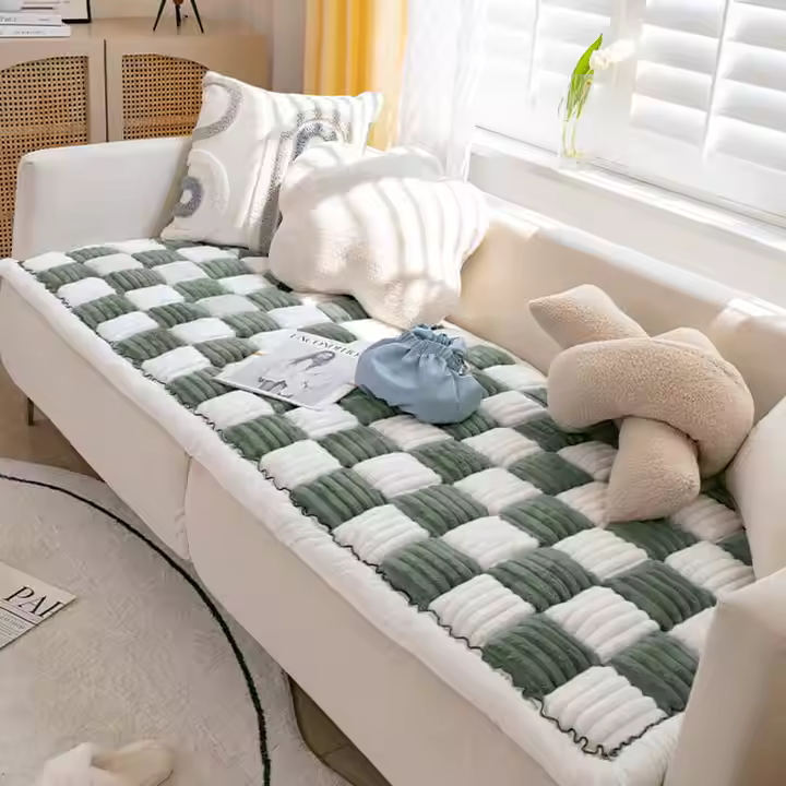 Cream Plaid Fuzzy Pet Mat