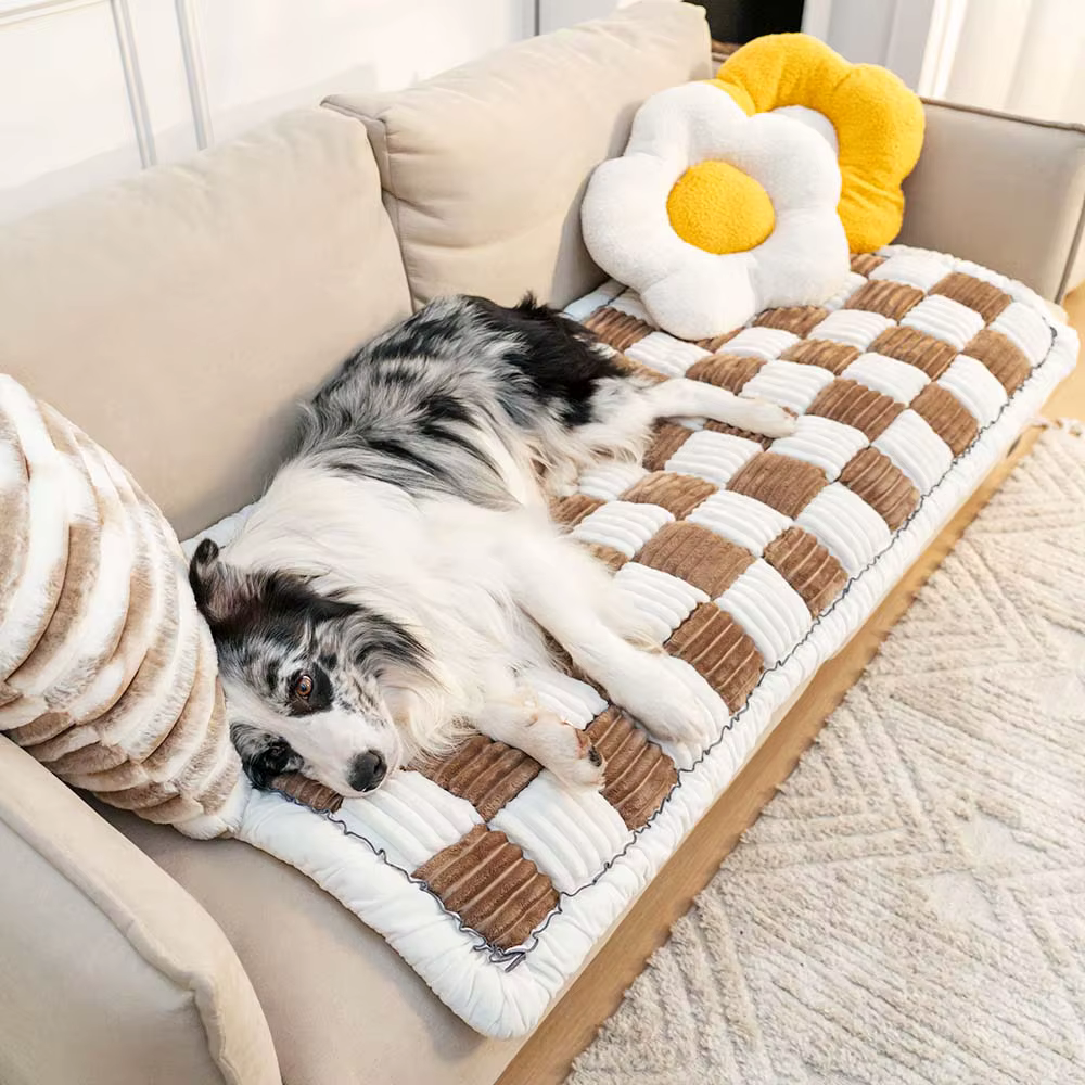 Cream Plaid Fuzzy Pet Mat