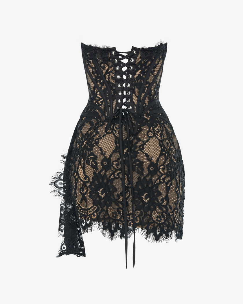 Black Lace Corset Draped Mini Dress