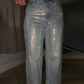 Women’s Sparkling Rhinestone Wide-Leg Denim Pants