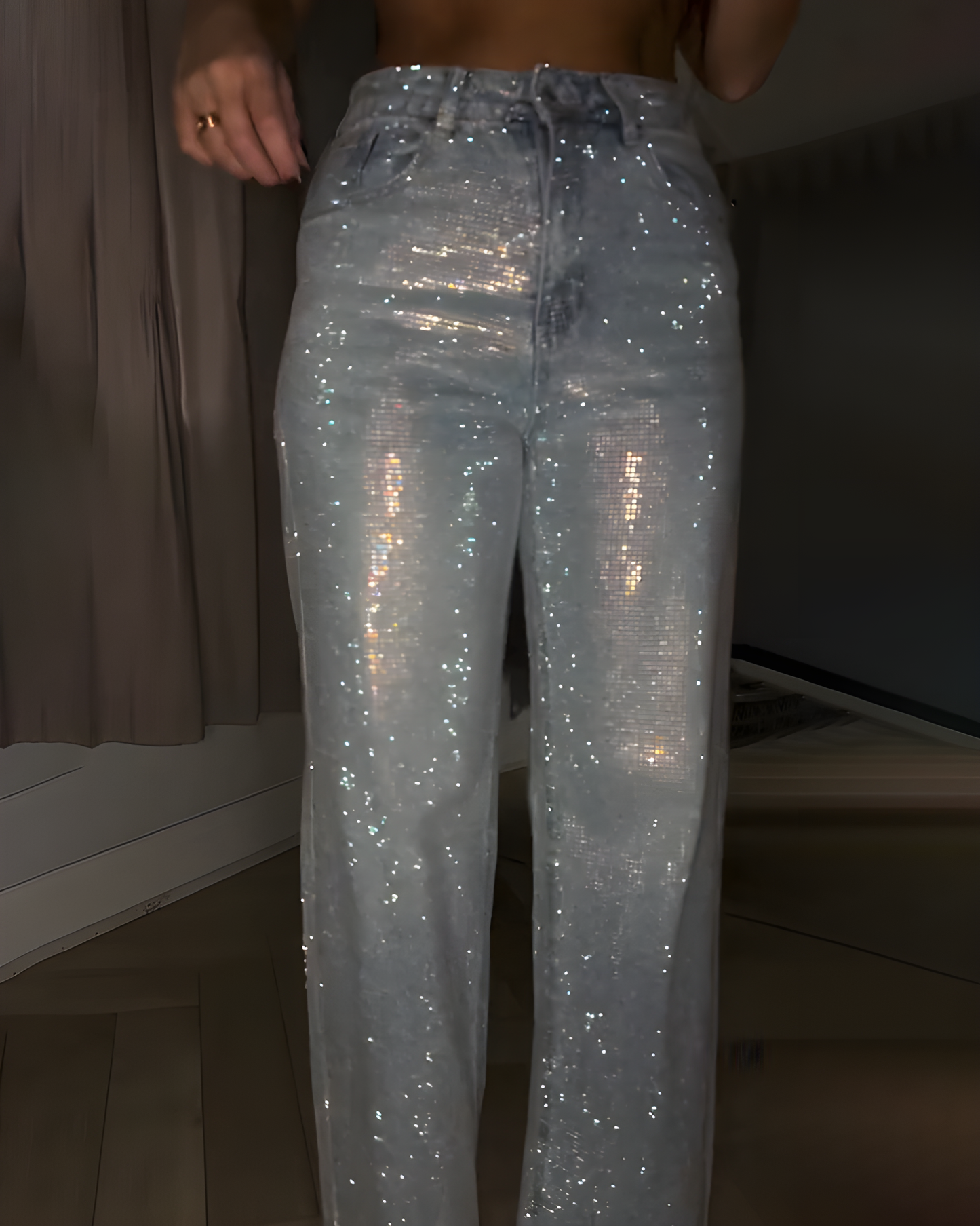 Women’s Sparkling Rhinestone Wide-Leg Denim Pants