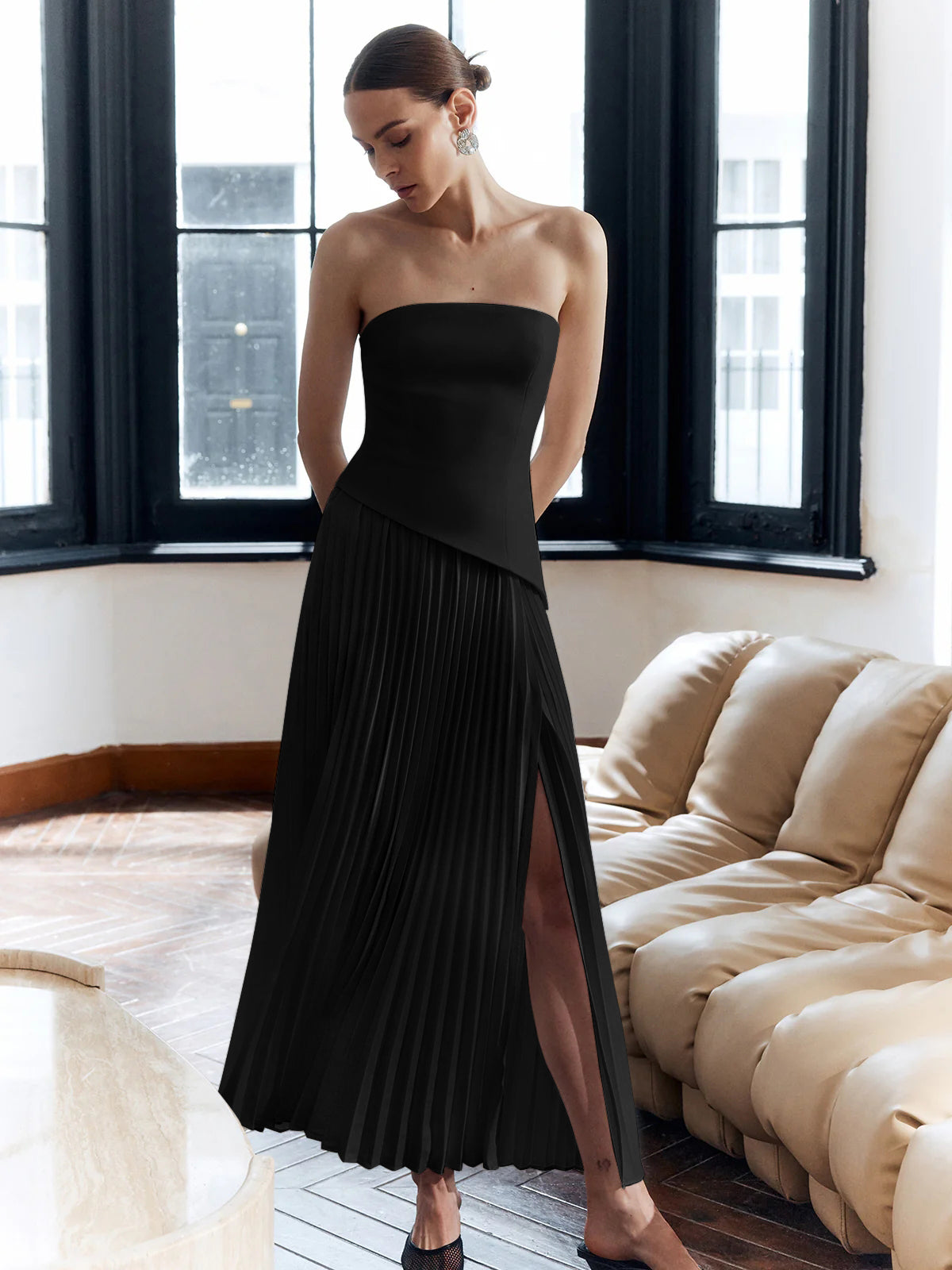 Solid Pleated Strapless Split Dress