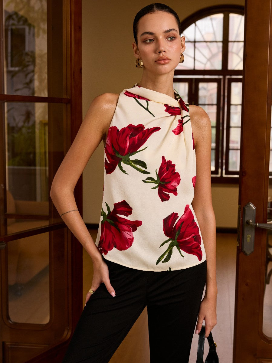 Floral Print Sleeveless Blouse with Knot Detail