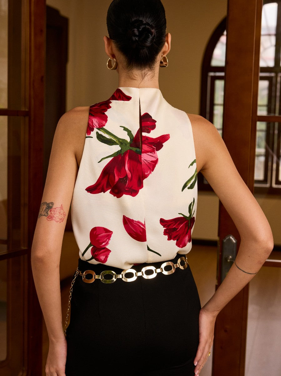 Floral Print Sleeveless Blouse with Knot Detail