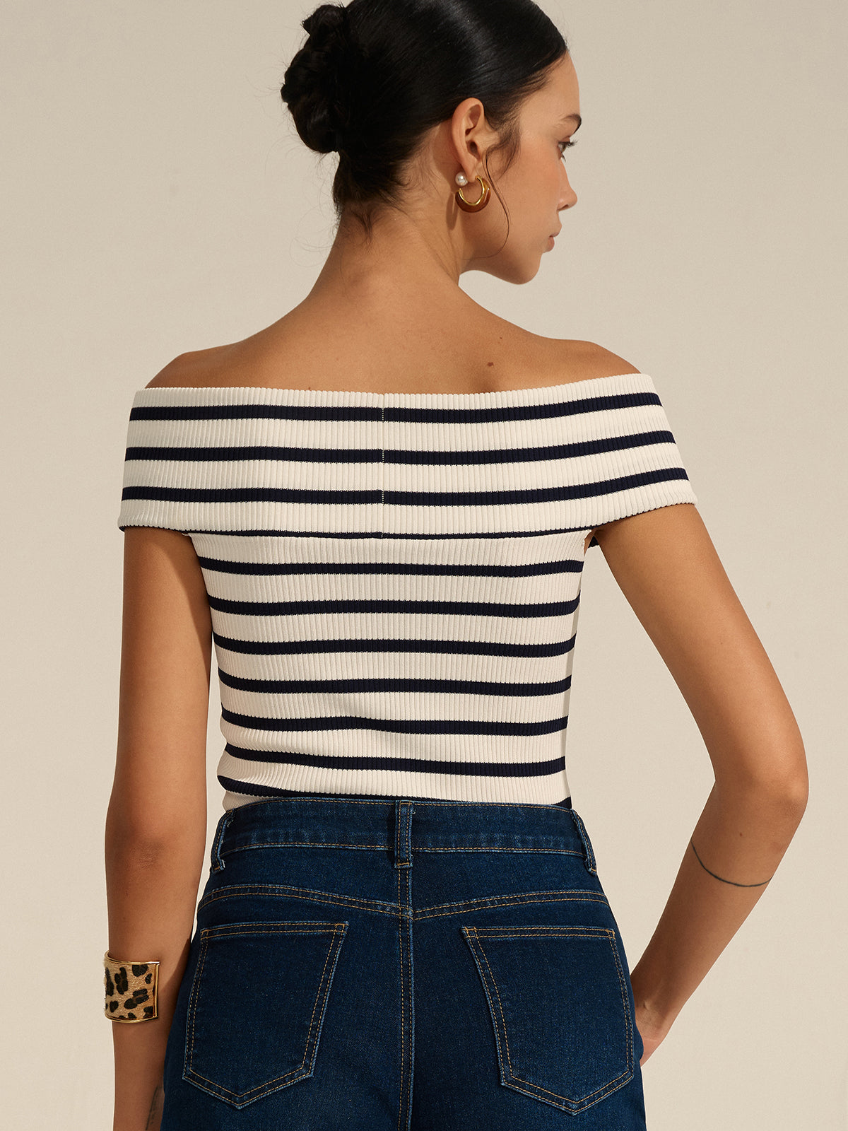 Striped Off-Shoulder Cross Knit Top