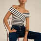 Striped Off-Shoulder Cross Knit Top