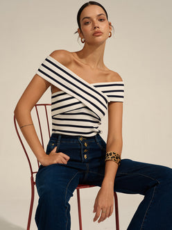 Striped Off-Shoulder Cross Knit Top