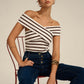 Striped Off-Shoulder Cross Knit Top