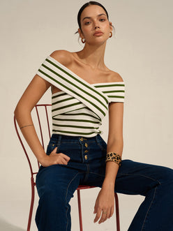 Striped Off-Shoulder Cross Knit Top