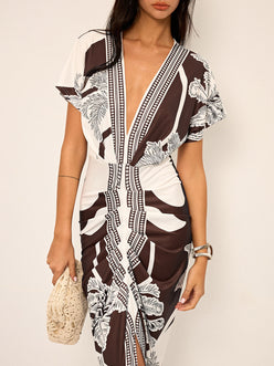 Printed Deep V-Neck Midi Dress Without Belt