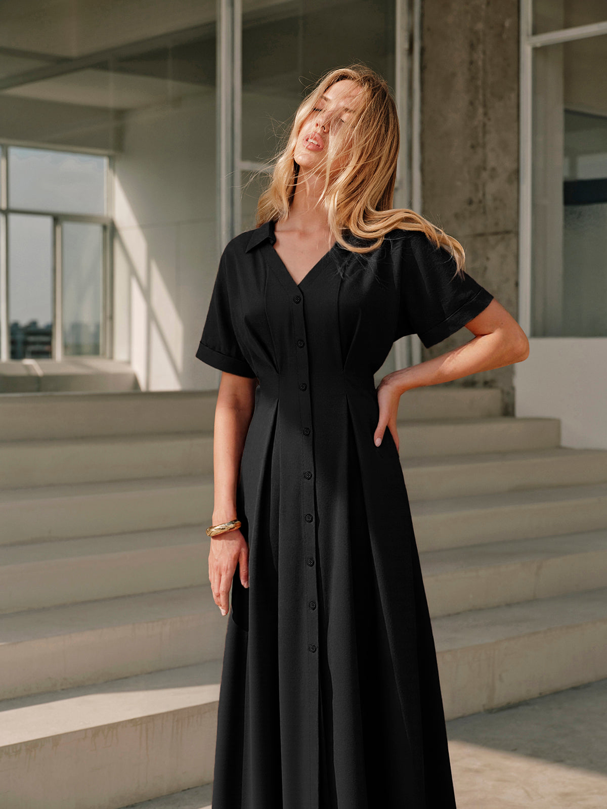 Pleated Button-Front Shirt Dress