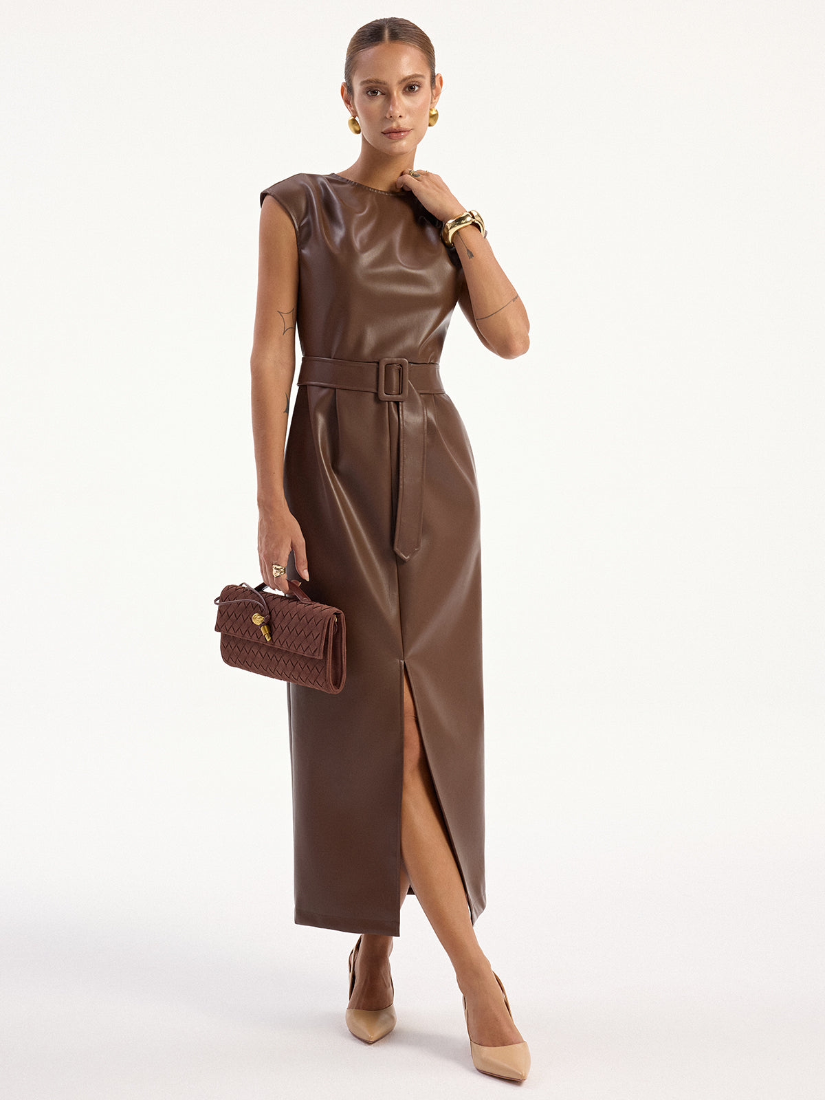 Coated Fabric Belted Midi Dress