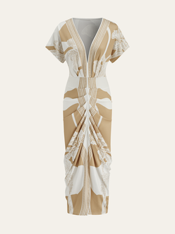 Printed Deep V-Neck Midi Dress Without Belt